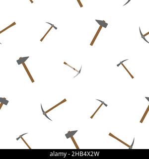 Pattern of pickaxe with a wooden handle and hammer with wooden handle in a realistic design. On a white background. Tools for carpenters and Stock Vector