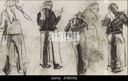 Possible waiters or kitchen staff. Over the shoulder a cloth. Page 28 and page 29 from sketchbook XLVIII with 62 pages., Standing men, seen from behind., draughtsman: Isaac Israels, The Hague, (possibly), 1875 - 1934, Isaac Israels, 1875 - 1934 Stock Photo