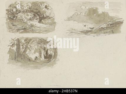 Single drawing with the number 44 behind the front cover of a sketchbook with 44 sheets, Two forest landscapes and a hilly landscape with a ruin, draughtsman: Maria Vos, 1864 - c. 1865, brush, Maria Vos, 1864 - c. 1865 Stock Photo