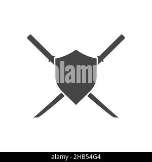 Two samurai crossed swords and shield isolated vector emblem. Ninja catana weapon. Black and white illustration. Stock Vector