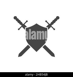 Two medieval knight crossed swords with shield isolated vector emblem. Holy war, crusade sign. Black and white illustration. Stock Vector