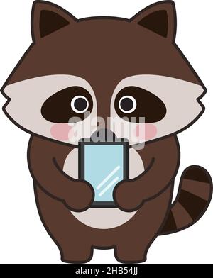 Raccoon watching a smartphone. Vector illustration isolated on a white background. Stock Vector