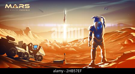 The scientific vector illustration of a colony on Mars in the near future features the launching mission of the rocket into the atmosphere in one of t Stock Vector
