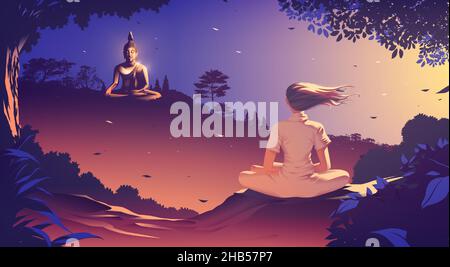 A Buddhism vector illustration of a young woman is meditating on the top of a mountain where she is facing another mountain where the buddha statue in Stock Vector