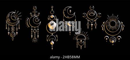 Set of gold esoteric symbol with crescent, star and sun. Luxury contour space sacred decoration. Vector rich outline magic elements for card, tattoo a Stock Vector