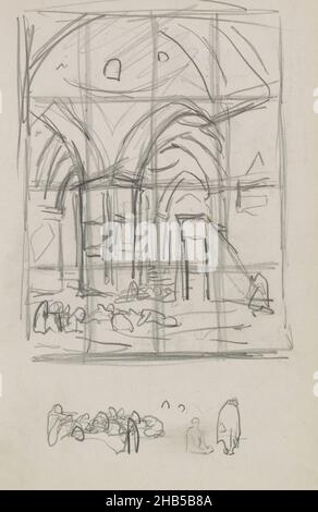 The interior shows the minbar, or pulpit, and some figures (possibly in prayer) in the foreground. Page 16 from a sketchbook with 53 pages, Interior of a mosque and figure studies., draughtsman: Marius Bauer, Istanboel, (possibly), 1896, Marius Bauer, 1896 Stock Photo
