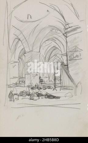 The interior shows the minbar, or pulpit, and some praying figures in the foreground. Page 17 from a sketchbook with 53 pages, Interior of a mosque with figures in prayer., draughtsman: Marius Bauer, Istanboel, (possibly), 1896, Marius Bauer, 1896 Stock Photo