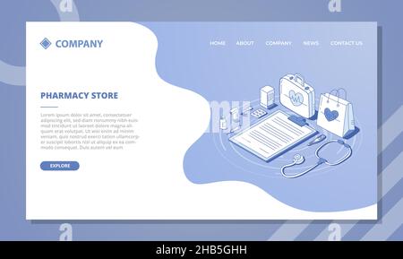 pharmacy store concept with outline isometric style vector illustration ...