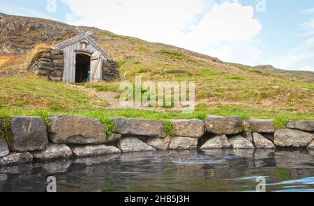 Hot tub on Iceland, hard to find but open for public - Getting warm in Iceland Stock Photo