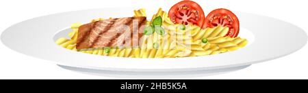 Pasta fusilli with fish steak and tomato illustration Stock Vector