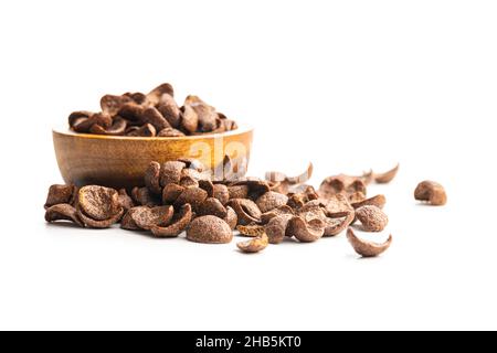 Sweet chocolate breakfast cereal flakes isolated on white background. Stock Photo