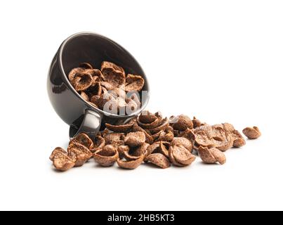 Sweet chocolate breakfast cereal flakes isolated on white background. Stock Photo