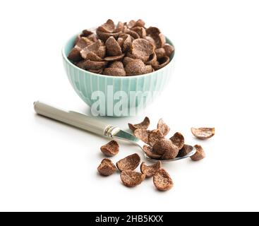Sweet chocolate breakfast cereal flakes isolated on white background. Stock Photo