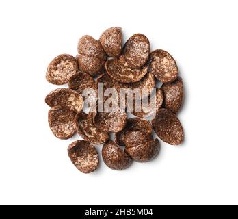Sweet chocolate breakfast cereal flakes isolated on white background. Stock Photo