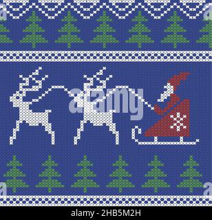 Santa on sleigh, deers, seamless cross stitch pattern, vector illustration Stock Vector