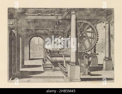 Water well under colonnade, Water wells (series title), Under a colonnade is a water system with colossal gears and a wooden barrel pouring the water into a rectangular basin. In the background is a view of a large town square. The print is part of an album., print maker: Johannes of Lucas van Doetechum, Hans Vredeman de Vries, Antwerp, c. 1574, paper, etching, height 139 mm × width 200 mm Stock Photo