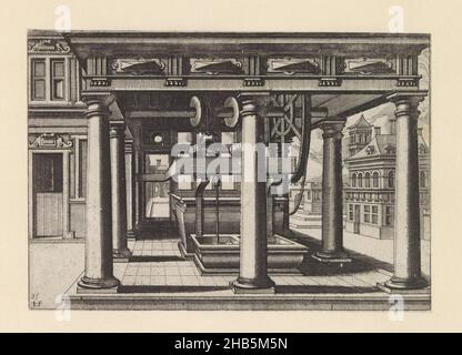 Water well under colonnade with Tuscan columns, Water wells (series title), Under a colonnade with Tuscan columns is a rectangular well on a tiled elevation. To the right is a view of a town square. The print is part of an album., print maker: Johannes of Lucas van Doetechum, Hans Vredeman de Vries, Antwerp, c. 1574, paper, etching, height 138 mm × width 199 mm Stock Photo