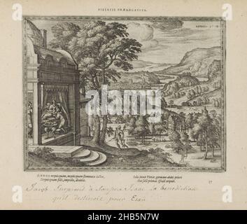 Isaac blesses Jacob, Pietatis praerogativa (title on object), Emblemata Sacra è praecipuis utriusque testamenti historiis concinnata (Old Testament) (series title), Imagines et figurae bibliorum (series title), The old and blind Isaac blesses Jacob disguised as his brother Esau. Jacob kneels by the bed. On the left is his mother Rebekah. On the right, a river landscape with Esau returning from the hunt (Gen. 27:18). With a motto in Latin above the image and a four-line caption in Latin below the print. The print is part of an album., print maker: Pieter van der Borcht (I), Bernardus Sellius Stock Photo