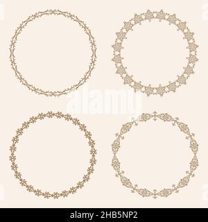 Set of four patterned round frames. Oval borders. Elegant decor in oriental style. For laser cutting, tattoo, marquetry, logo for yoga, icons, lace. Stock Vector