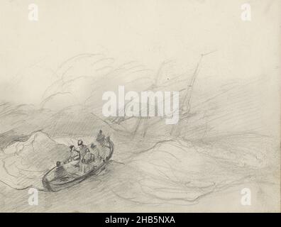 Sailing ship and sloop on a stormy sea, Sheet 4 recto from a sketchbook of 44 sheets