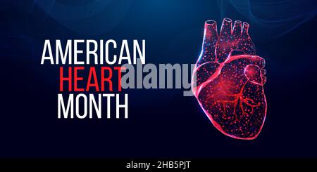 American heart month concept. Wireframe low poly style.   Abstract modern 3d vector illustration on dark blue background. Stock Vector