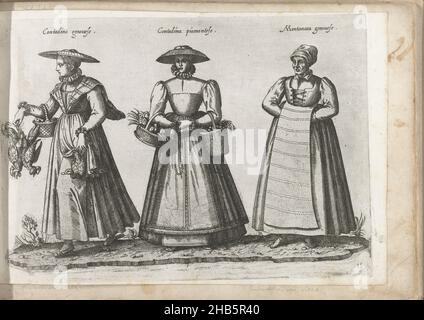 Three women in rural dress from Italy, ca. 1580, Contadina genovese, Contadina piamontese, Mantanara genovese (title on object), On the left a peasant woman wearing a flat hat, walking to the left, a basket of eggs on her arm, chickens and and duck in hand. In the center, a peasant woman from iemonte, seen from the front, on the right arm a basket of chicks, on the left a basket of fruit. On the head a flat hat.  On the right an old woman with her hands under her apron. Print no. 15 from album 'Dei veri ritratti degl'habiti di tvtte le parti del mondo intagliati in rame per opra di Bartolomeo Stock Photo