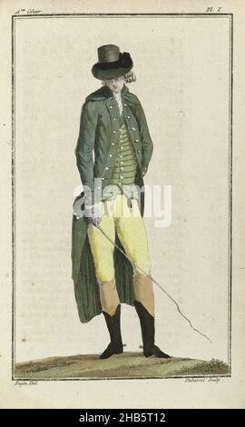 Cabinet des Modes ou les Modes Nouvelles, 1 Juillet 1786, pl. I, Man in riding costume. According to the accompanying text, the man, who is about to mount his horse, is dressed in a green 'habit' with lapels, lined in the same color 'vert Dragon'. The lapels, sleeves and jacket pockets 'à la Marinière'', are fitted with white mother of pearl buttons. Under the coat a green vest with gold stripes. Yellow knee pants of deerskin. (Knee socks ?) Black English boots with silver spurs. English hat with black hatband on which is a large buckle of steel. Purple leather gloves. Two watches Stock Photo