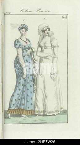 Journal des Dames et des Modes, Frankfurt edition 4 avril 1808, Costume Parisien (14), According to the accompanying text (p. 29): Fig. 1: turban of sky-blue satin, decorated with bands of gold and a long aigrette. Pearl necklace on which a cross of gold, set with pearls. Gown of fabric from Lyon with gold flowers, with a border of gold lace at the hem of the skirt. Short, half wide sleeves. White embroidered scarf (over the arm). Mitaines of jersey from Berlin. White shoes.  Fig. 2: Turban with feathers and a brilliant star in the middle front. Gown of white satin, trimmed with band. Short Stock Photo
