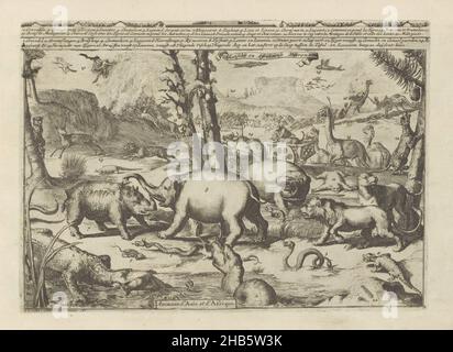 Asian and African animals, Asian and African animals, Animaux d'Asie et d'Afrique (title on object), Les Indes Orientales et Occidentales et autres lieux (series title), Landscape with Asian and African animals. In the foreground left, a man is being devoured by a crocodile. The large snake next to it is also devouring prey. The scene includes a spectacled snake, camelion, iguana, rhinoceros, elephant, lion and lioness, hippopotamus, sloth, tiger, camel, deer and centipede. In the sky flying fish and a flying cat. In the background on the right a lion and an ostrich are captured. With a legend Stock Photo