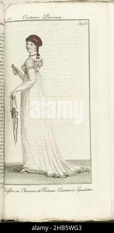 Journal des Dames et des Modes, Costume Parisien, 1805, An 13 (593) Coeffure en Cheveux et Rézeau..., Young woman, to the left, in a white gown with a high waist and a train. The bodice has cross ties on the back.  Long white gloves. Hairstyle with hair net. Jewelry: pearl necklace and earrings with pearls. In the right hand a small fan, in the left a white scarf with colored border. The print is part of the fashion magazine Journal des Dames et des Modes, published by Pierre de la Mésangère, Paris, 1797-1839, print maker: anonymous, publisher: Pierre de la Mésangère, 1805, paper, engraving Stock Photo