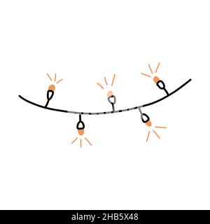 Garland with glowing bulbs. Christmas and New Year decoration. Black and white vector isolated illustration hand drawn. Seasonal festive element. Sing Stock Vector