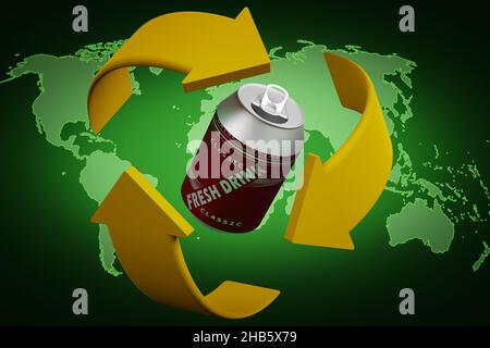 3D illustration. Ecology. Recycling symbol rotates around a metal can. Stock Photo