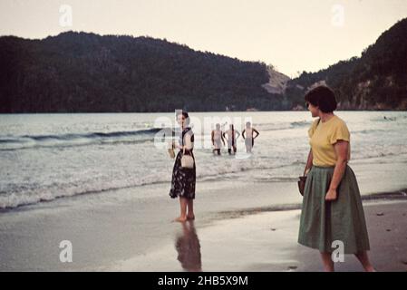 People on Maracas beach in the evening, Trinidad c 1962 Stock Photo