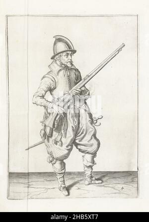 Soldier holding his helm with his left hand by his right (no. 4), c. 1600, A soldier, full-length, to the right, holding a helm (a certain type of firearm) with his left hand by his right (no. 4), c. 1600. In his left hand, in addition to the rudder, a burning fuse. His right hand loosely at the trigger of the rudder. Plate 4 in the instructions for handling the rudder. Part of the illustrations in: J. de Gheyn, Wapenhandelinghe van Roers Musquetten ende spiessen, Amsterdam, 1608. Martial arts circa 1600., print maker: Jacob de Gheyn (II) (workshop of), intermediary draughtsman: Jacob de Gheyn Stock Photo