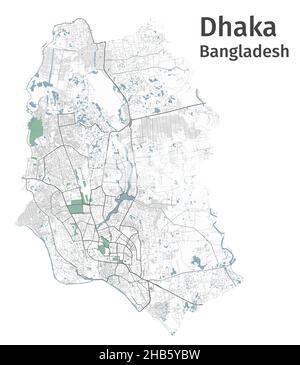 Dhaka vector map. Detailed map of Dhaka city administrative area. Cityscape panorama. Royalty free vector illustration. Outline map with highways, str Stock Vector