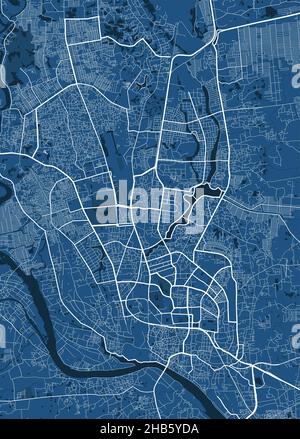 Detailed vector map poster of Dhaka city administrative area. Blue skyline panorama. Decorative graphic tourist map of Dhaka territory. Royalty free v Stock Vector