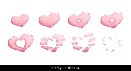 Cloud heart explosion for animation in cartoon style isolated on white background. Love storyboard for game. Cute frame, smoke. Vector illustration Stock Vector
