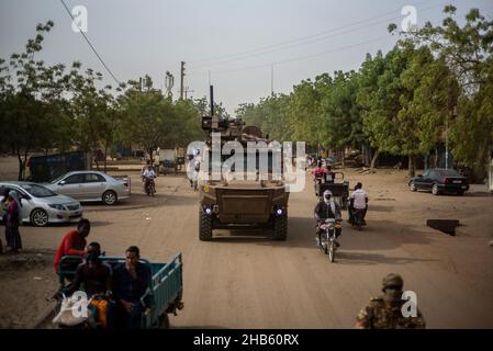 A platoon of the 3rd RIMA (naval infantry regiment), based in Vannes, Britany, and led by Lieutenant Geoffroy (27), patrols with the new 'Griffon' armored vehicle (deployed for the first time in a theater of operations) in the villages of Guintou, Bera and Seina, north of Gao, Mali on December 15, 2021. The patrol aims to contact with the population and villages chiefs, in particular, in order to ensure that the population is not threatened and to collect information on terrorists or bandits. France has been gradually retiring its troops from military bases in northern Mali and moving them to Stock Photo