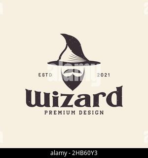 old man long beard with magic hat vintage logo design vector graphic symbol icon sign illustration creative idea Stock Vector