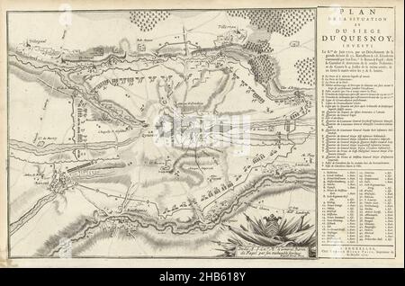 Siege of le Quesnoy, 1712, Plan de la situation et du siege du Quesnoy, investi Le 8.me de Juin 1712 (...) (title on object), Map of le Quesnoy, besieged by the Allies under Baron Fagel from June 8 and taken on July 6, 1712. On the sheet next to the print is printed the title and legend A-Z with a list of the Allied regiments. Part of a bundled collection of plans of battles and cities renowned in the War of the Spanish Succession., print maker: Jacobus Harrewijn (mentioned on object), publisher: Eugene Henry Fricx (mentioned on object), Brussels, 1712, paper, etching, engraving, letterpress