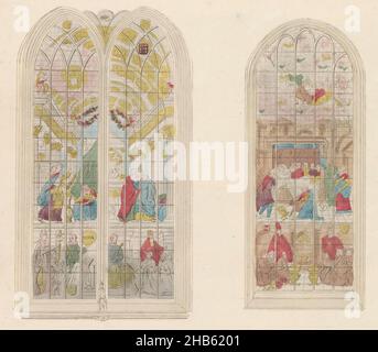 Stained glass windows in the Oude Kerk in Amsterdam, 1810-1825, Représentation des fameuses Vitres peintes de l'Eglise vieille (title on object), Three stained glass windows in the Oude Kerk in Amsterdam, ca. 1810-1825. Part of a plate work from c. 1824-1825 with 74 (unnumbered) plates of the most important topographical views and various customs in the United Kingdom of the Netherlands., print maker: anonymous, publisher: Evert Maaskamp (mentioned on object), Amsterdam, 1810 - 1825, paper, etching, engraving, height 197 mm × width 228 mm Stock Photo