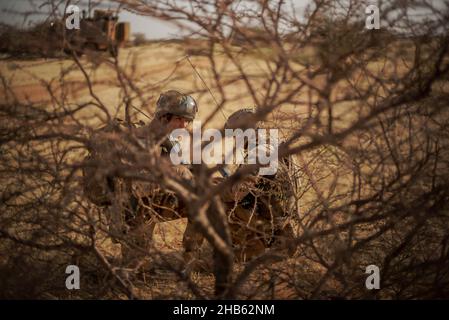 A platoon of the 3rd RIMA (naval infantry regiment), based in Vannes, Britany, and led by Lieutenant Geoffroy (27), patrols with the new 'Griffon' armored vehicle (deployed for the first time in a theater of operations) in the villages of Guintou, Bera and Seina, north of Gao, Mali on December 15, 2021. The patrol aims to contact with the population and villages chiefs, in particular, in order to ensure that the population is not threatened and to collect information on terrorists or bandits. France has been gradually retiring its troops from military bases in northern Mali and moving them to Stock Photo