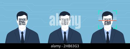 Series of identical businessmen with QR code on their face: digital identity and standardization concept Stock Vector