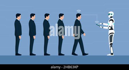 AI humanoid robot controlling a series of businessmen clones using a tablet Stock Vector