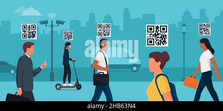 People walking in the city street, the system is checking their QR codes and digital identities Stock Vector