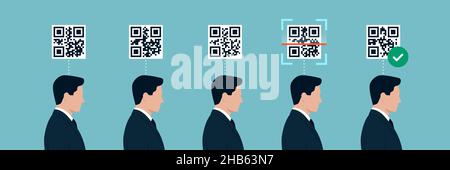 Series of identical businessmen in line and QR codes: their code id checked and validated, digital identity concept Stock Vector
