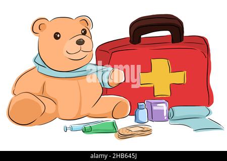 illustration of cartoon teddy bear and first aid set with assorted medical supplies on white background for pediatricians. Stock Photo