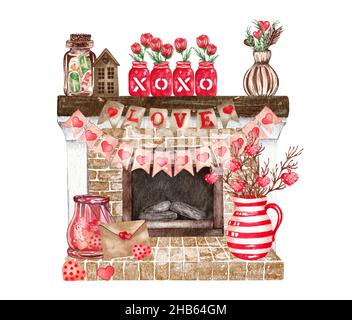 Watercolor Valentines Day living room composition with fireplace, heart, flowers, buntings, candles. Romantic home illustration. Stock Photo