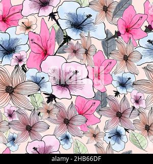 Seamless pattern of different blooming flowers with watercolors in bright colors. Design for fabric and wallpaper in natural style. Hand drawn floral Stock Photo