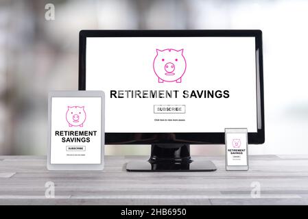 Retirement savings concept shown on different information technology devices Stock Photo